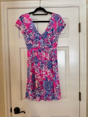 Lilly Pulitzer Pink & Blue Floral V-Neck Mini Dress